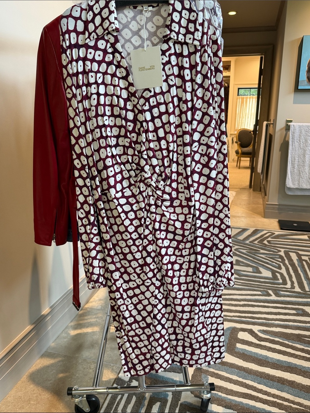 Diane Von Furstenberg Burgundy and White Printed Long-Sleeve Twist Dress